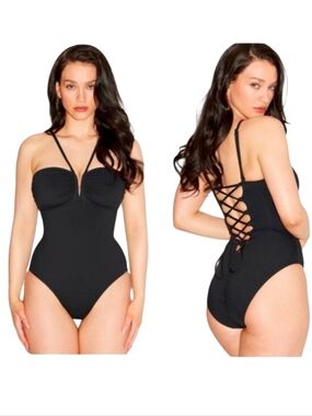 TA3 Converty Black Corset One Piece Swimsuit Snatch Waist Lace Up Back Sculpting